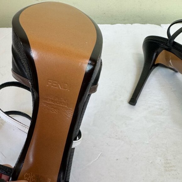 Fendi NEW Leather Logo Open Toe Strappy Platform Stiletto Heels Shoes Sandals 7 - Picture 7 of 16